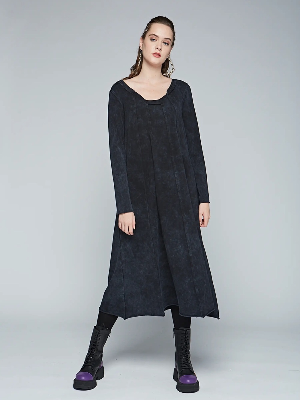 LUUKAA Flicker Eco-friendly Washed, Thin Cotton Jersey Dress, Long Black Size 16